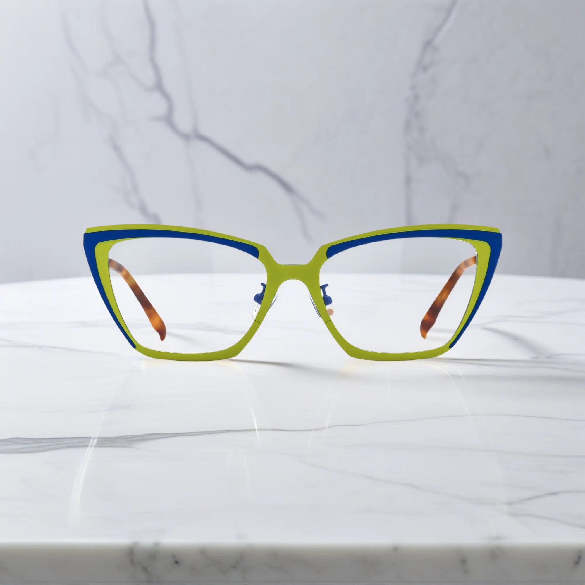 Front view of VoyueLens™ VL185809 Solar Azure glasses in yellow-blue cat-eye frame
